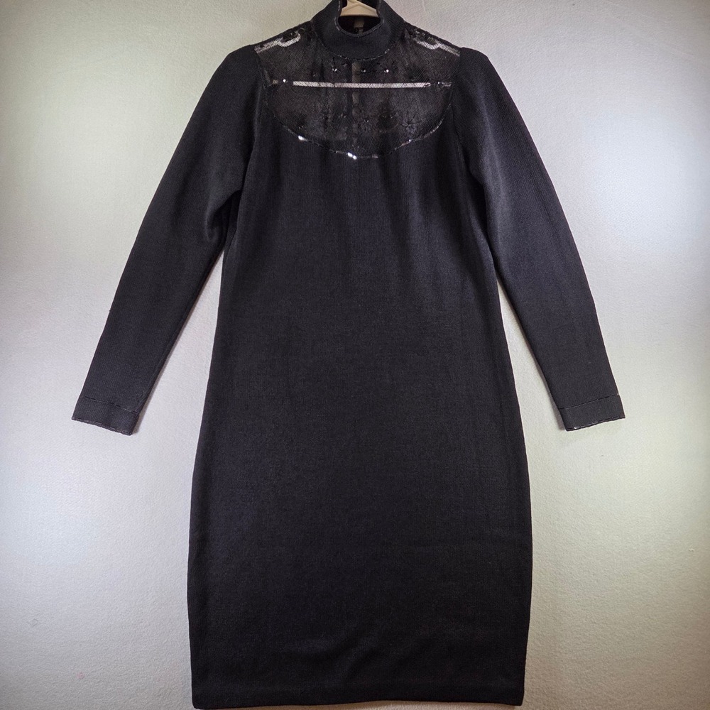 St John Evening Marie Gray Black Knit Cocktail Dress Mesh Sequin Mock Neck 6